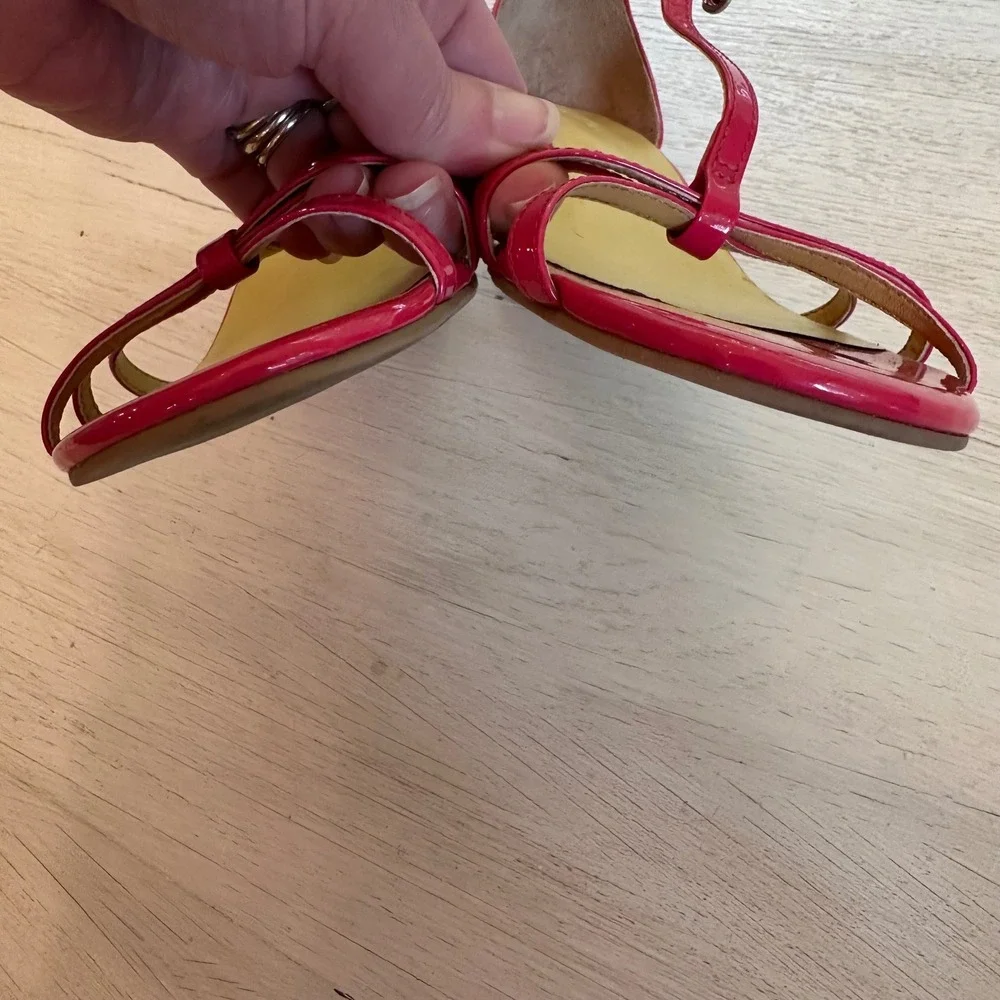 Boden Pink Patent Leather T-Strap Strappy Preppy Cork Wedge Sandals Size 42 10